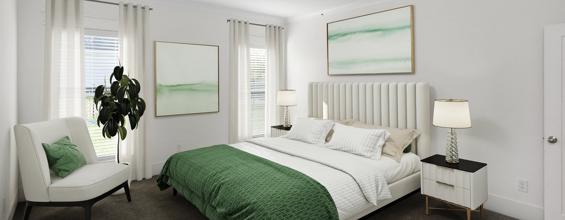 Large well lit bedroom with carpets and a large window